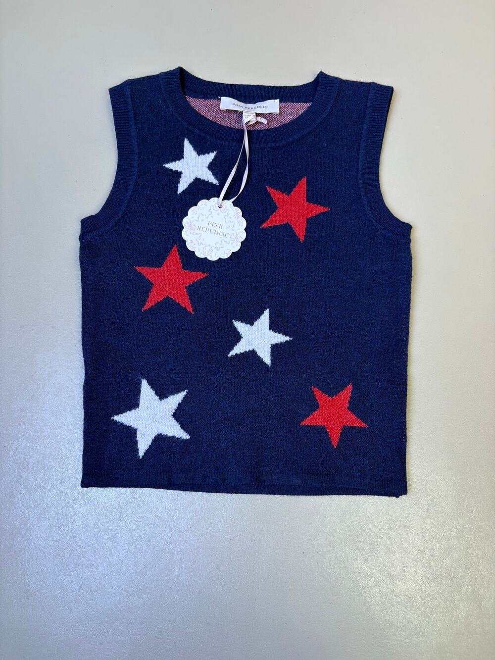 Girls Patriotic Star Sweater Vest M 10/12 Navy Red White Pink Republic NWT